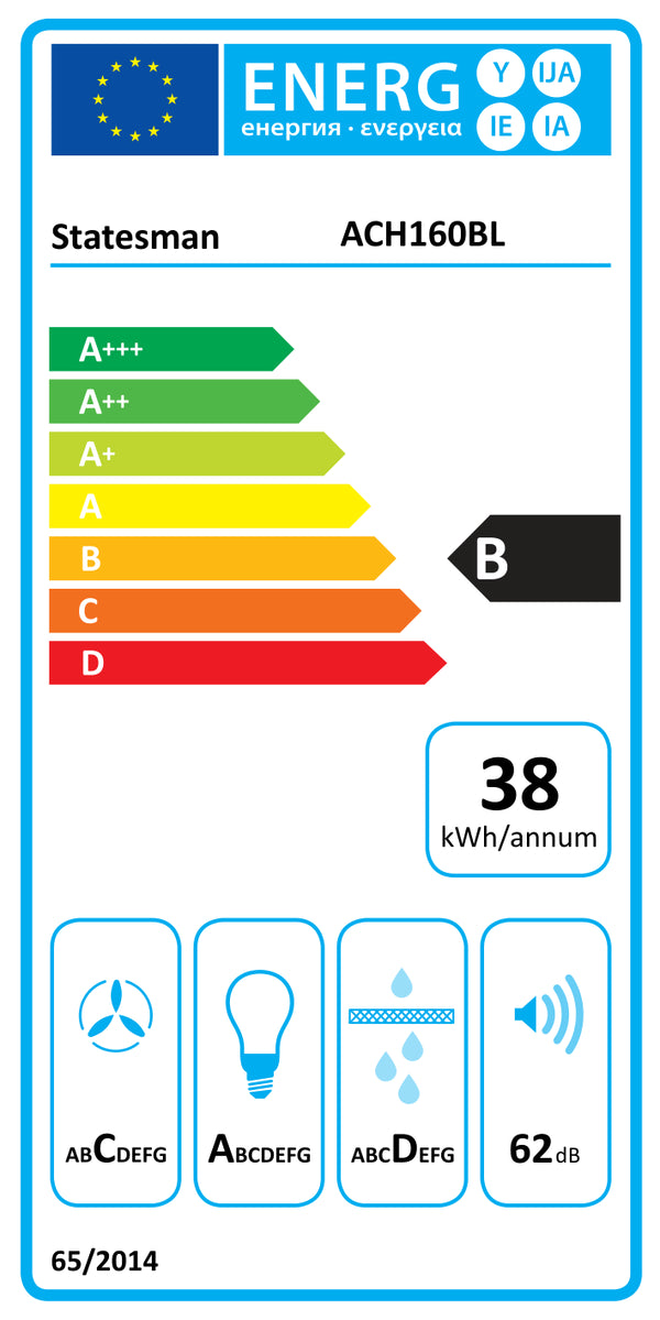 Energy label for STATESMAN ACH160BL 60cm Angled Chimney Cooker Hood - Black Glass