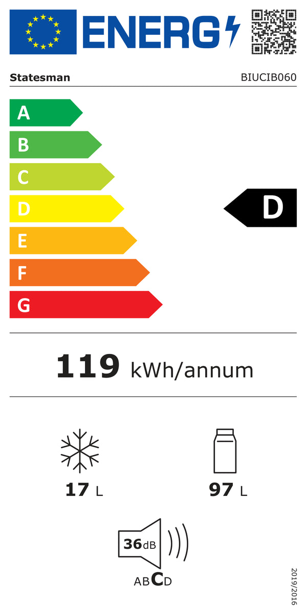 Energy label for STATESMAN BIUCIB060 60cm Integrated Fridge with Ice Box - White