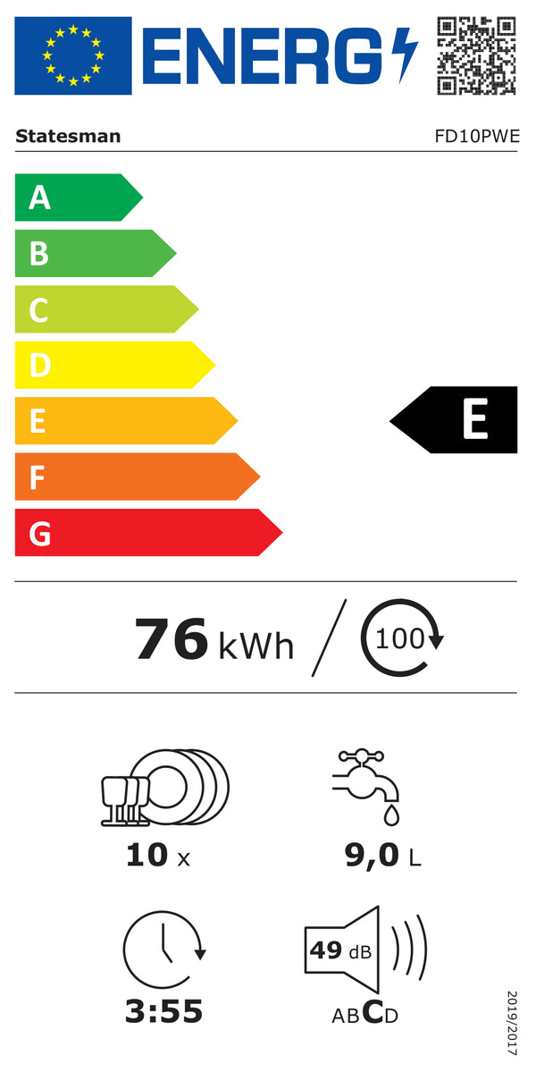 Energy label for STATESMAN FD10PWE 45cm Slimline 10 Place Dishwasher - White