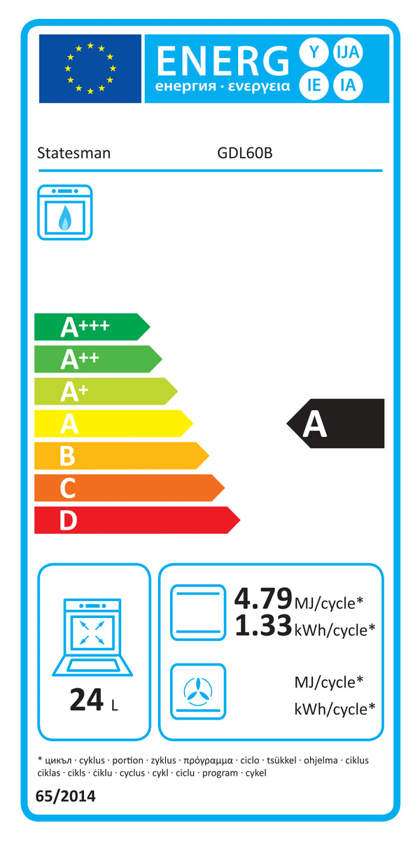 Second energy label for STATESMAN GDL60B 60cm Double Oven, Lidded, Gas - Black