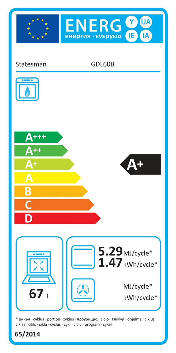 Energy label for STATESMAN GDL60B 60cm Double Oven, Lidded, Gas - Black