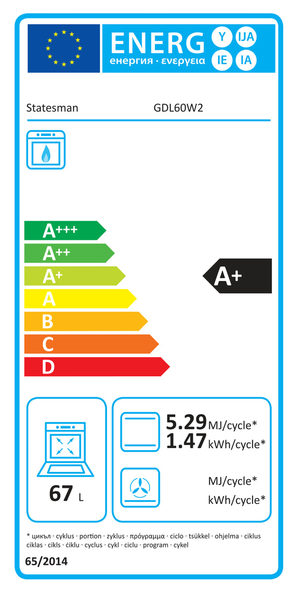 Energy label for STATESMAN GDL60W2 60cm Double Oven, Lidded, Gas - White