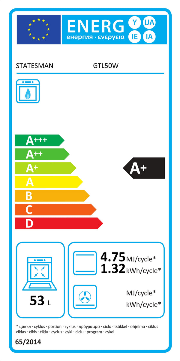 Energy label for STATESMAN GTL50W 50cm Twin Cavity, Lidded, Gas - White