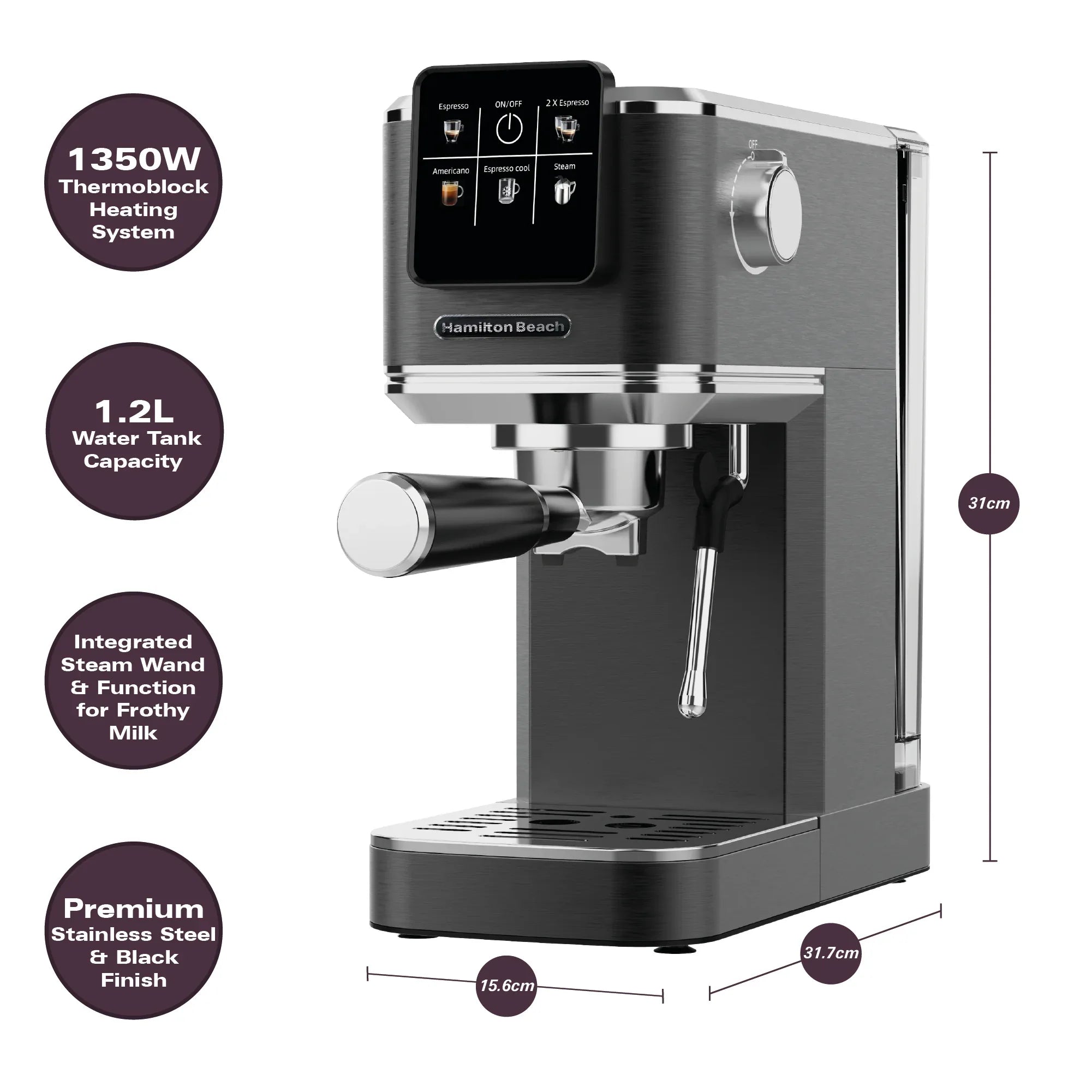 HAMILTON BEACH - BaristaPro Touch 5-in-1 Espresso Machine - Black - HBC5210B - Kitchenary