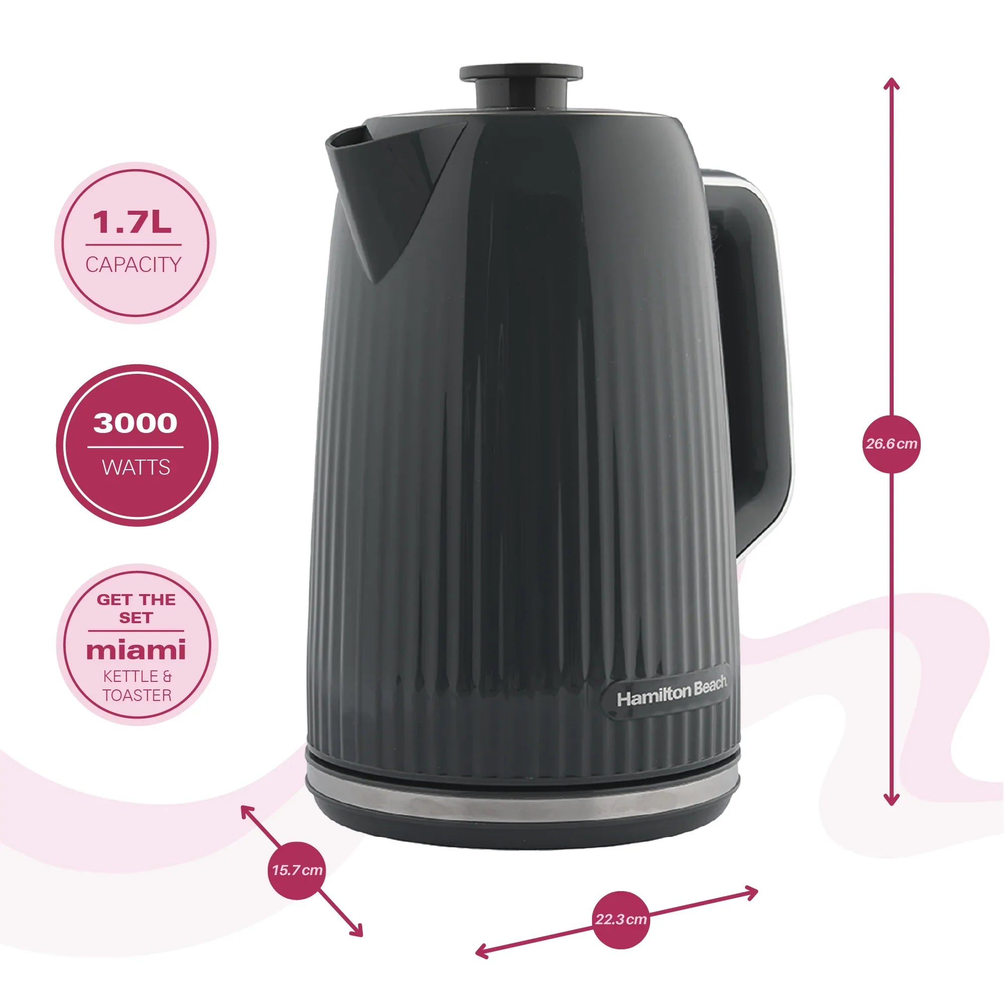 HAMILTON BEACH - Miami 1.7L Kettle - Charcoal Grey - HB3023CH - Kitchenary
