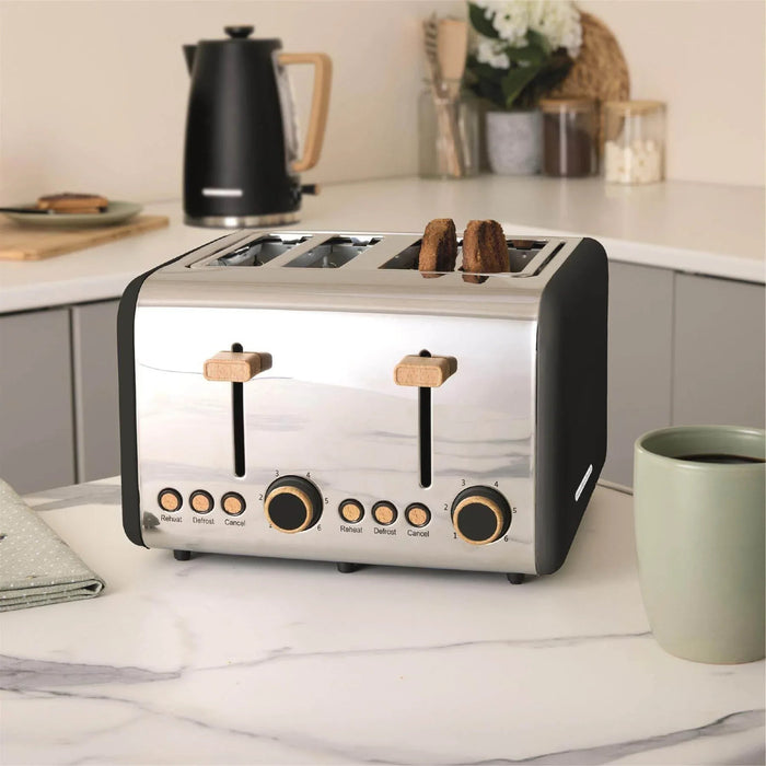 HAMILTON BEACH - Scandi 4 Slice Toaster - Matte Black with Wood Effect - HBT02MB - Kitchenary