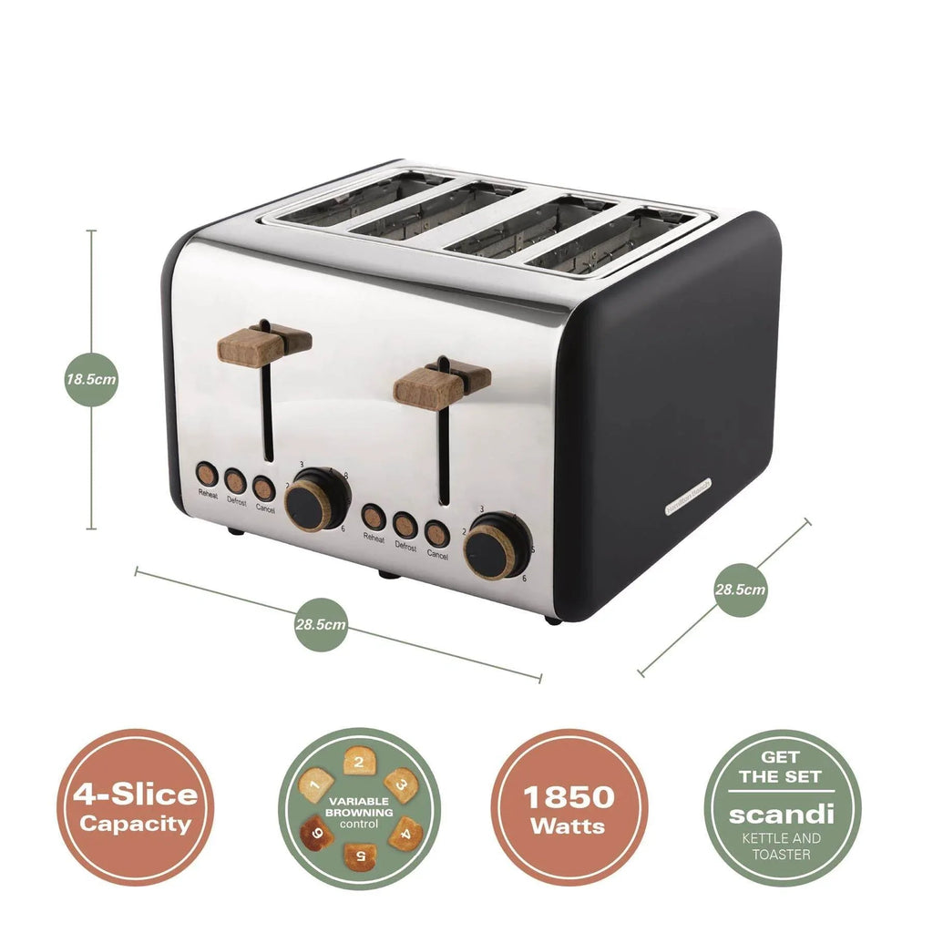 HAMILTON BEACH - Scandi 4 Slice Toaster - Matte Black with Wood Effect - HBT02MB - Kitchenary