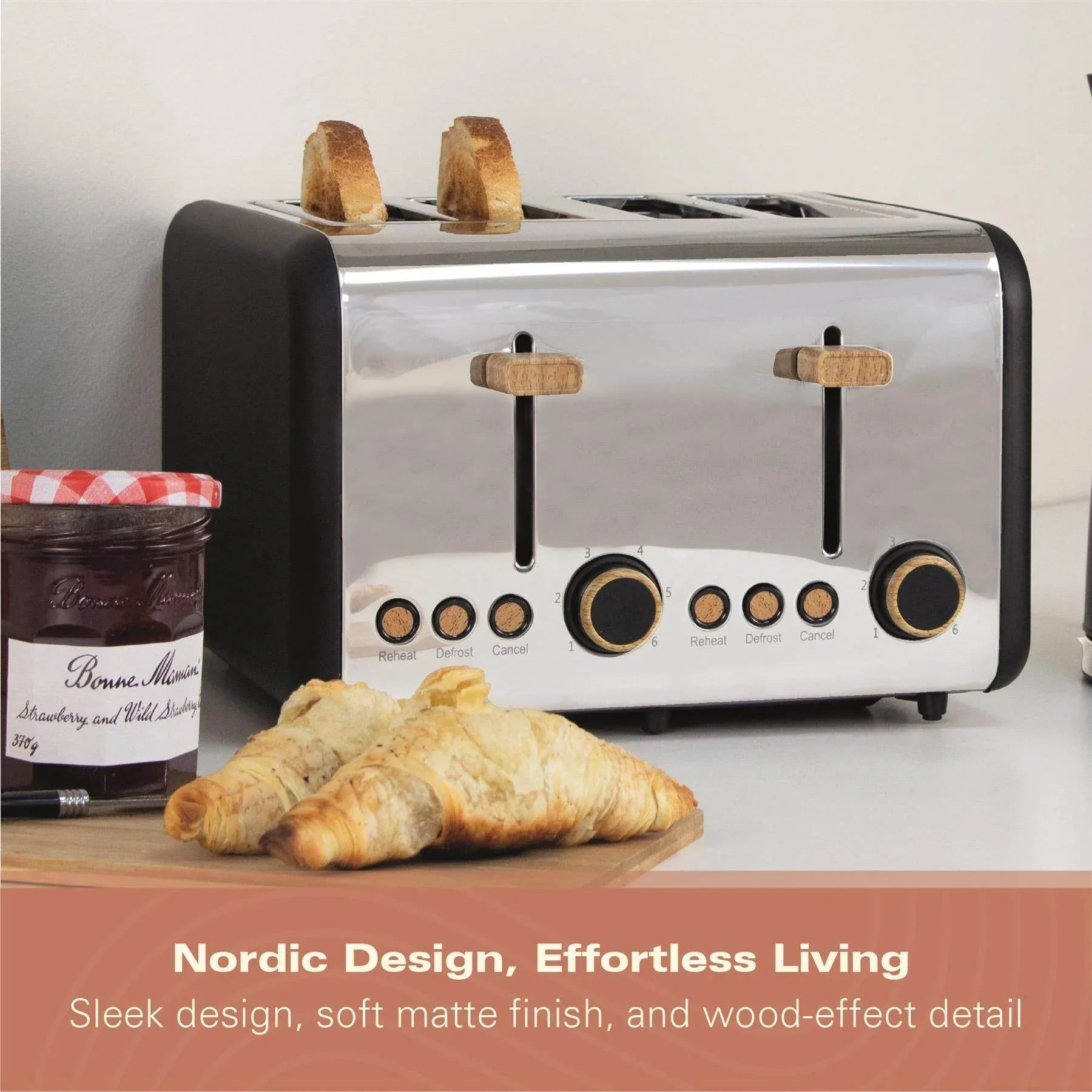 HAMILTON BEACH - Scandi 4 Slice Toaster - Matte Black with Wood Effect - HBT02MB - Kitchenary