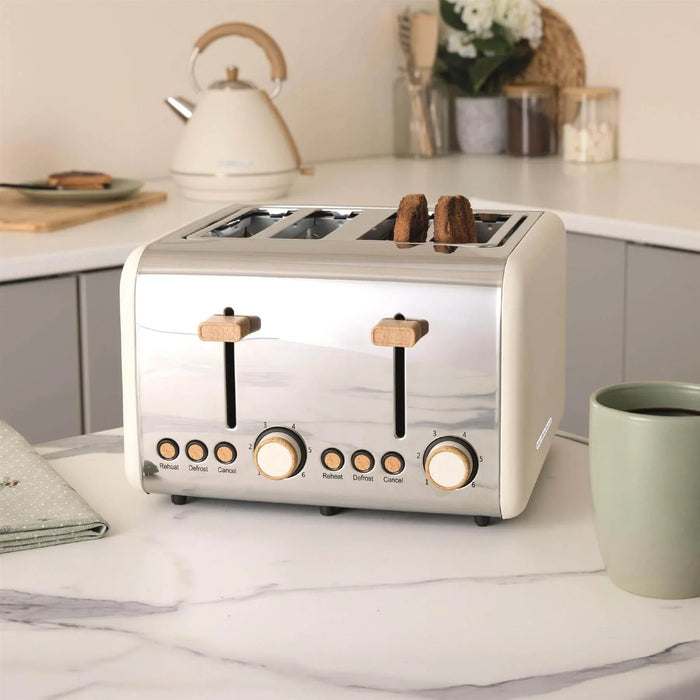 HAMILTON BEACH - Scandi 4 Slice Toaster - Matte Cream with Wood Effect - HBT02MC - Kitchenary