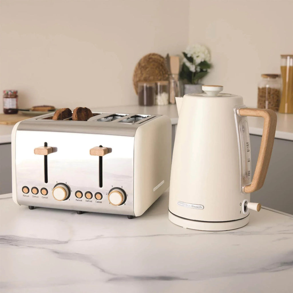 HAMILTON BEACH - Scandi 4 Slice Toaster - Matte Cream with Wood Effect - HBT02MC - Kitchenary