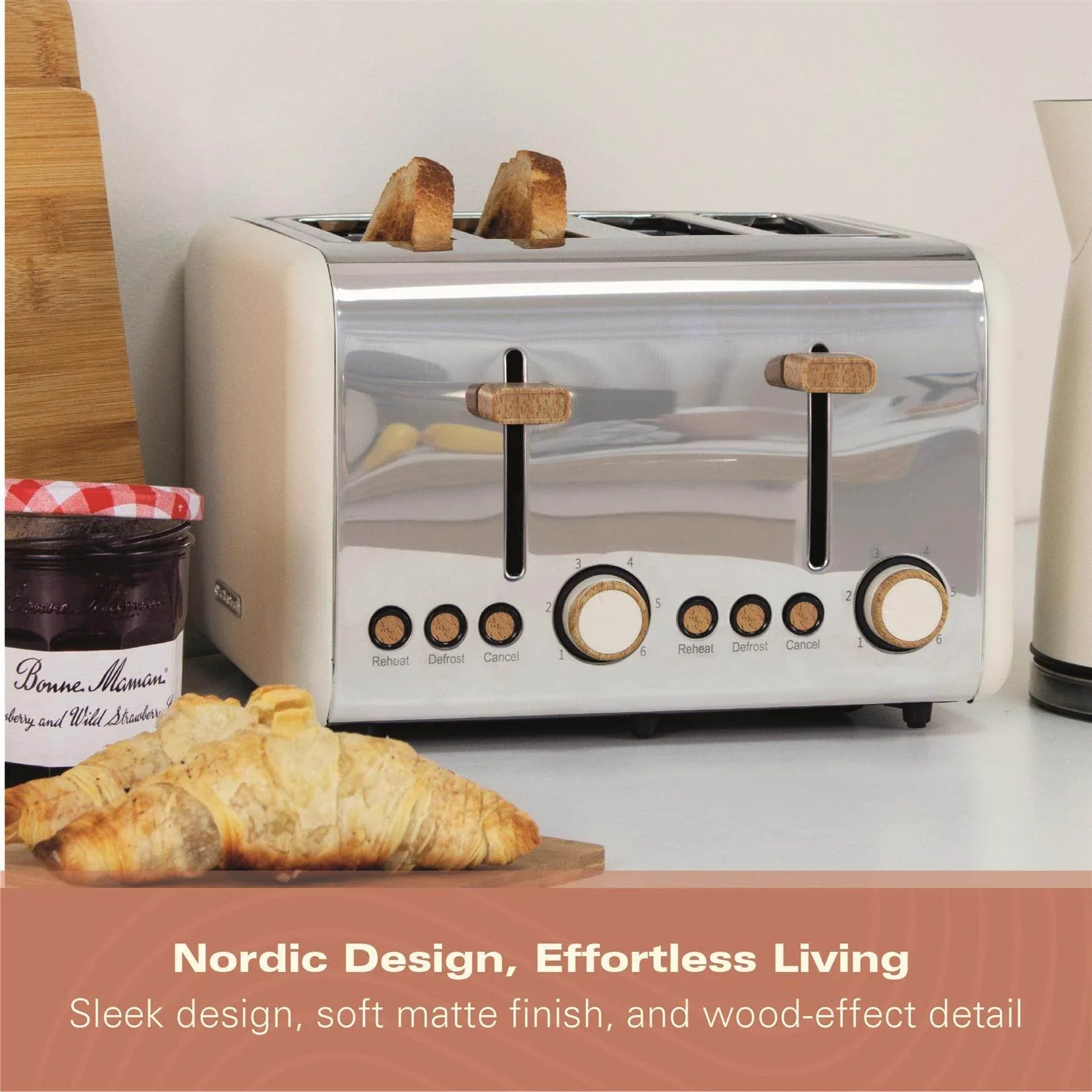 HAMILTON BEACH - Scandi 4 Slice Toaster - Matte Cream with Wood Effect - HBT02MC - Kitchenary