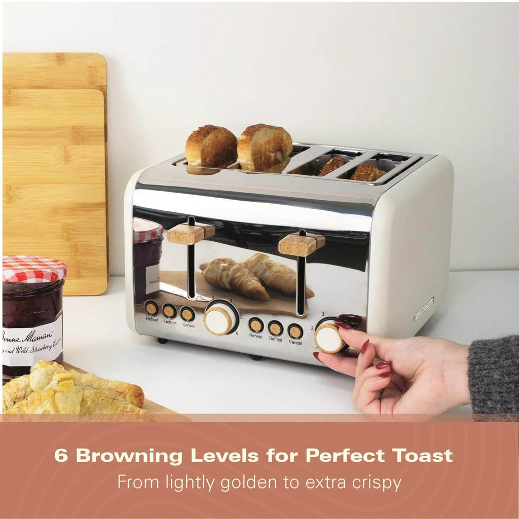 HAMILTON BEACH - Scandi 4 Slice Toaster - Matte Cream with Wood Effect - HBT02MC - Kitchenary