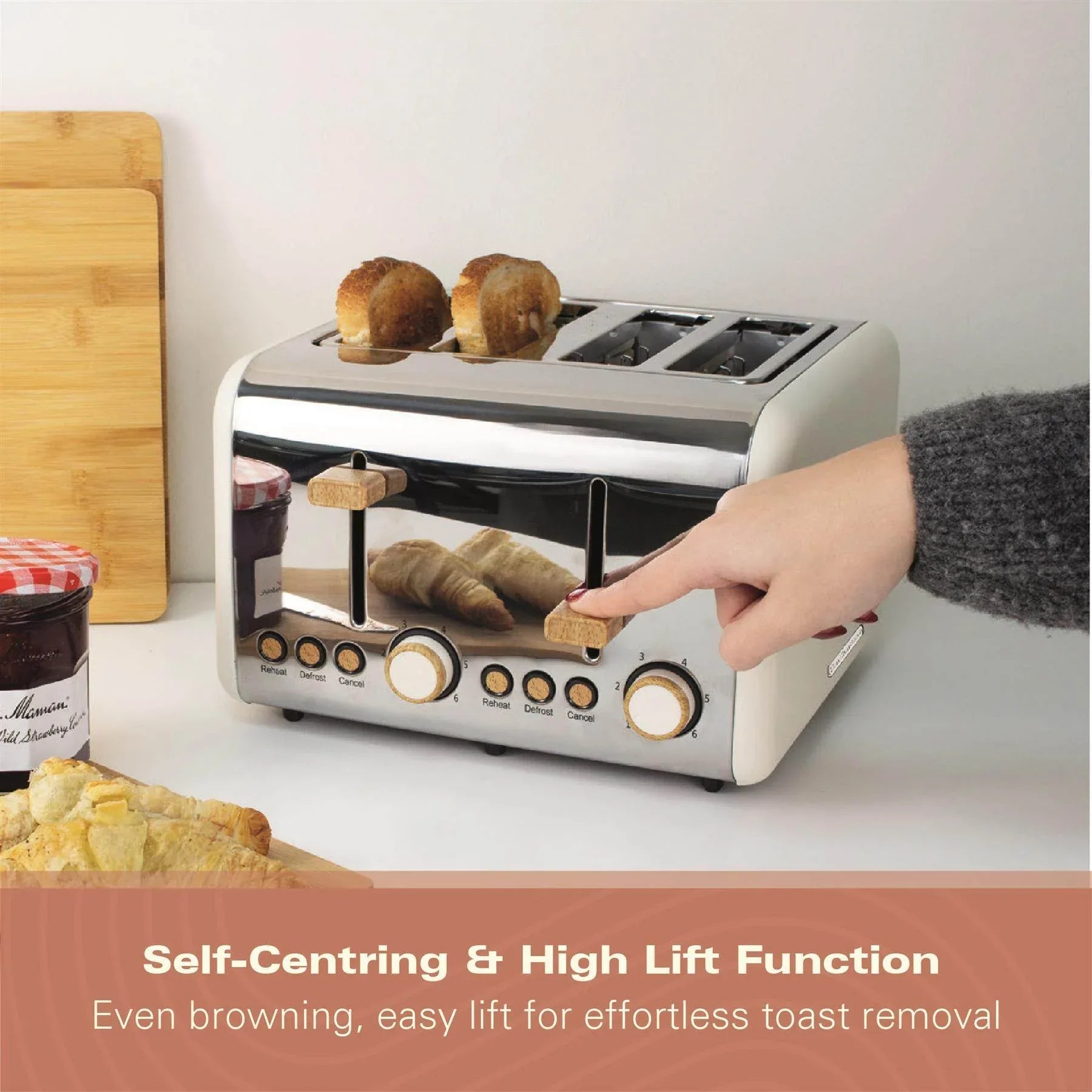 HAMILTON BEACH - Scandi 4 Slice Toaster - Matte Cream with Wood Effect - HBT02MC - Kitchenary