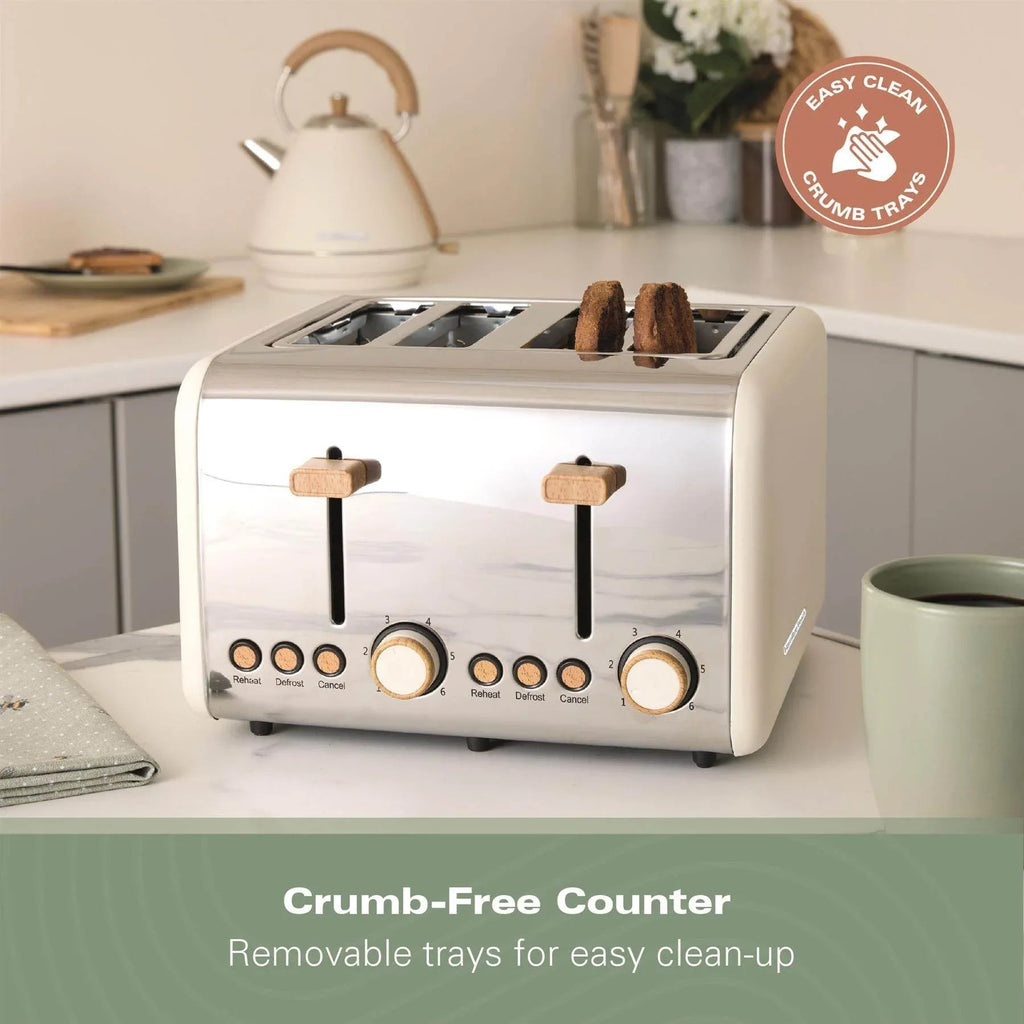 HAMILTON BEACH - Scandi 4 Slice Toaster - Matte Cream with Wood Effect - HBT02MC - Kitchenary