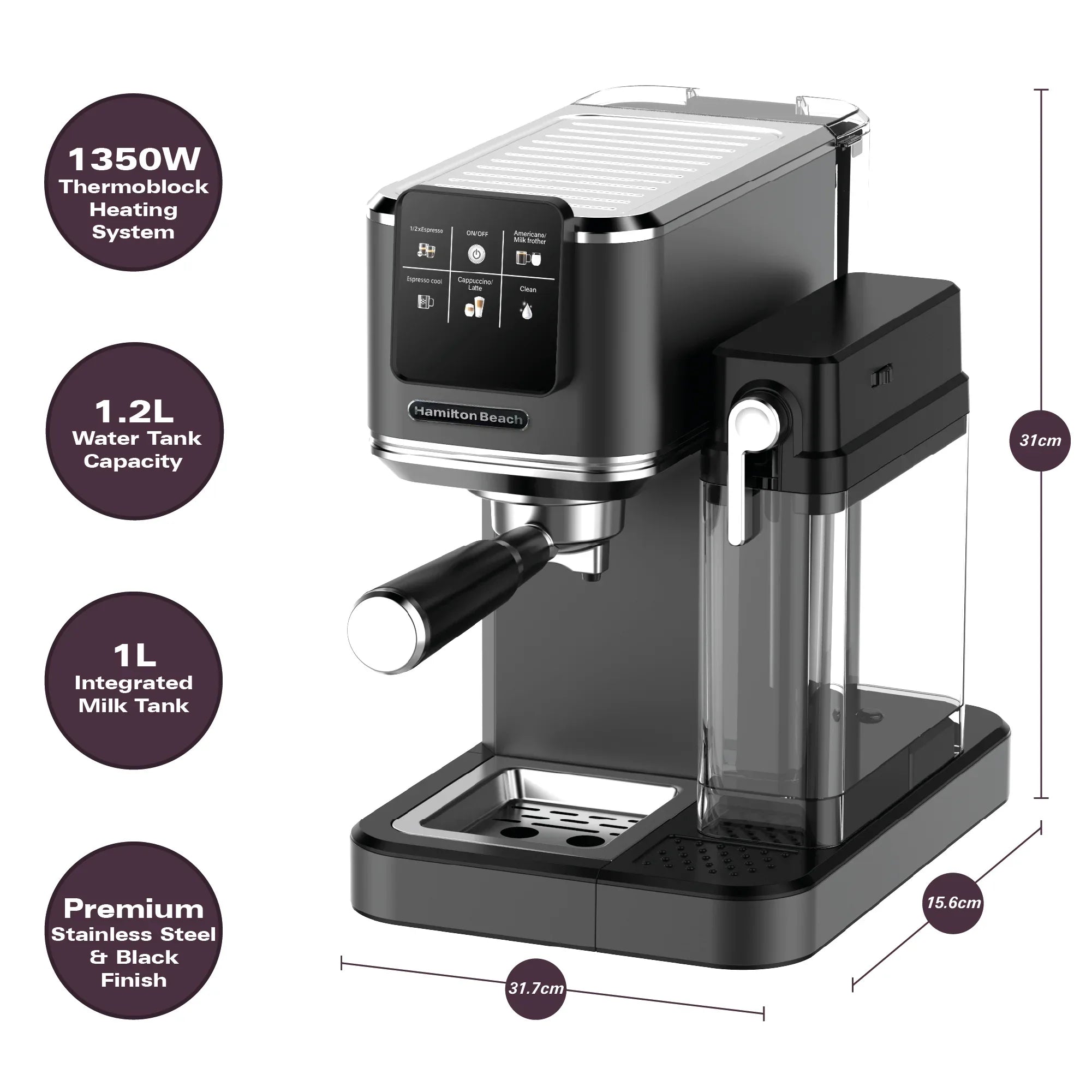 HAMILTON BEACH - BaristaPro+ Touch 8-in-1 Espresso Machine - Black - HBC7210B - Kitchenary
