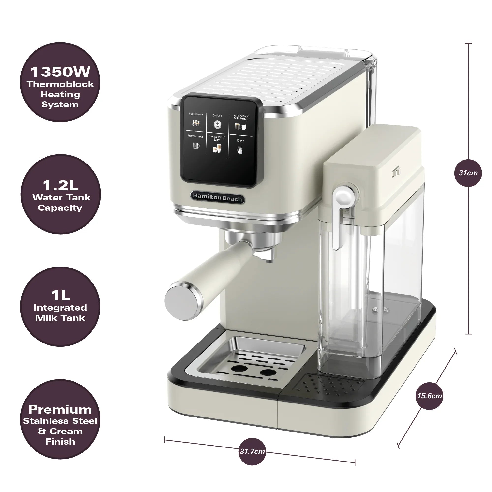 HAMILTON BEACH - BaristaPro+ Touch 8-in-1 Espresso Machine - Cream - HBC7210C - Kitchenary
