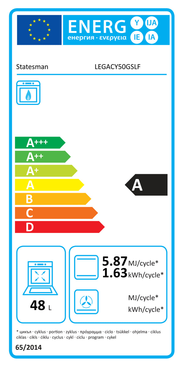 Energy label for STATESMAN LEGACY50GSLF 50cm Gas Cooker with Lid - White