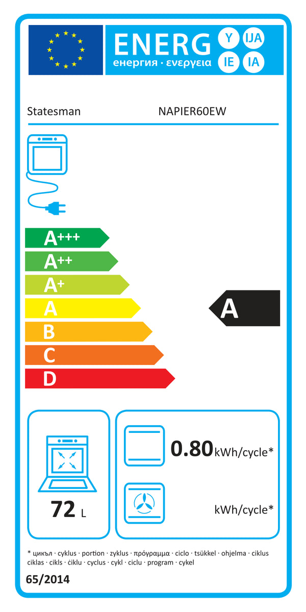Energy label for STATESMAN NAPIER60EW 60cm Single Cavity Electric Cooker - White