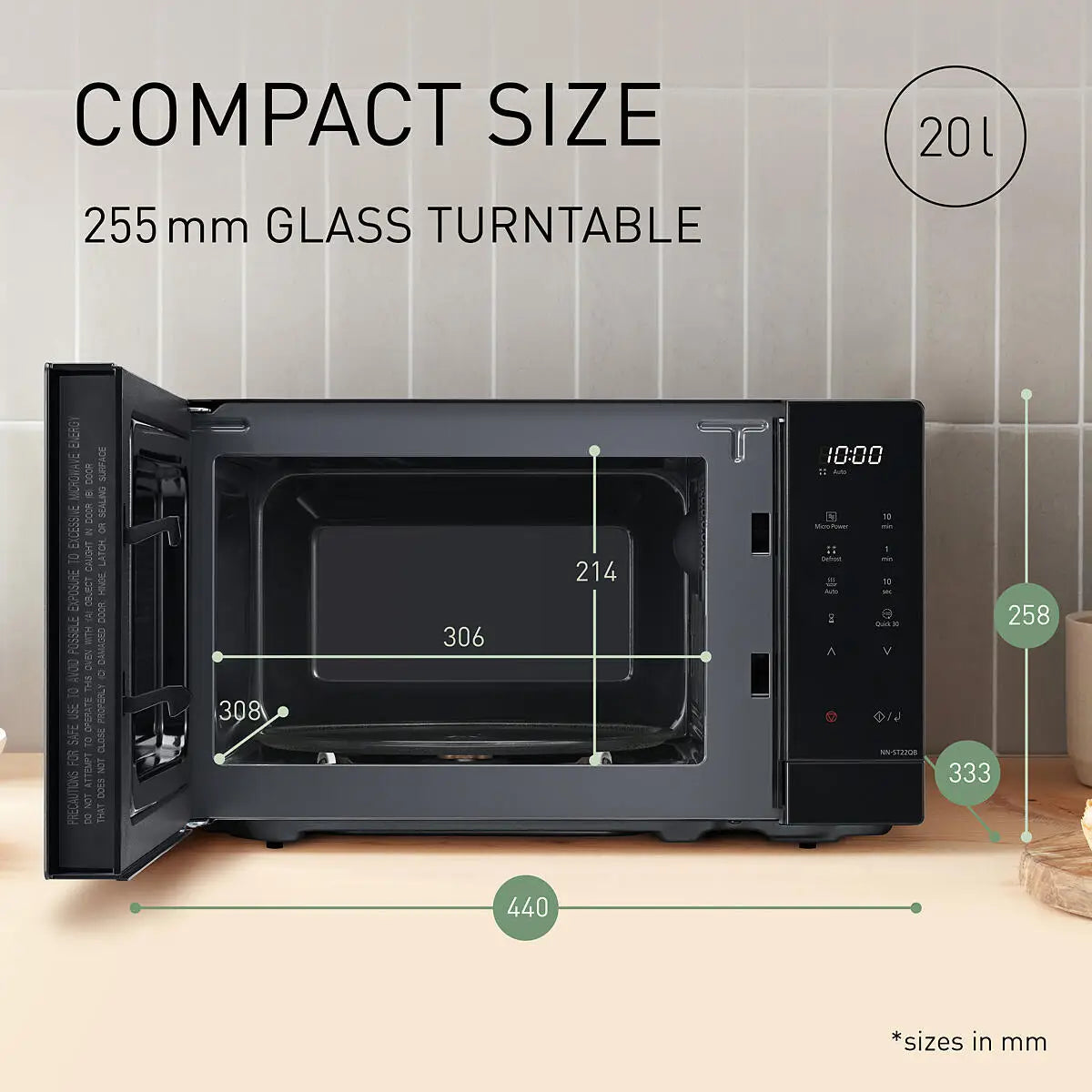 PANASONIC - 20L 800W Compact Microwave Oven Black - NN-ST22QMBPQ - Kitchenary