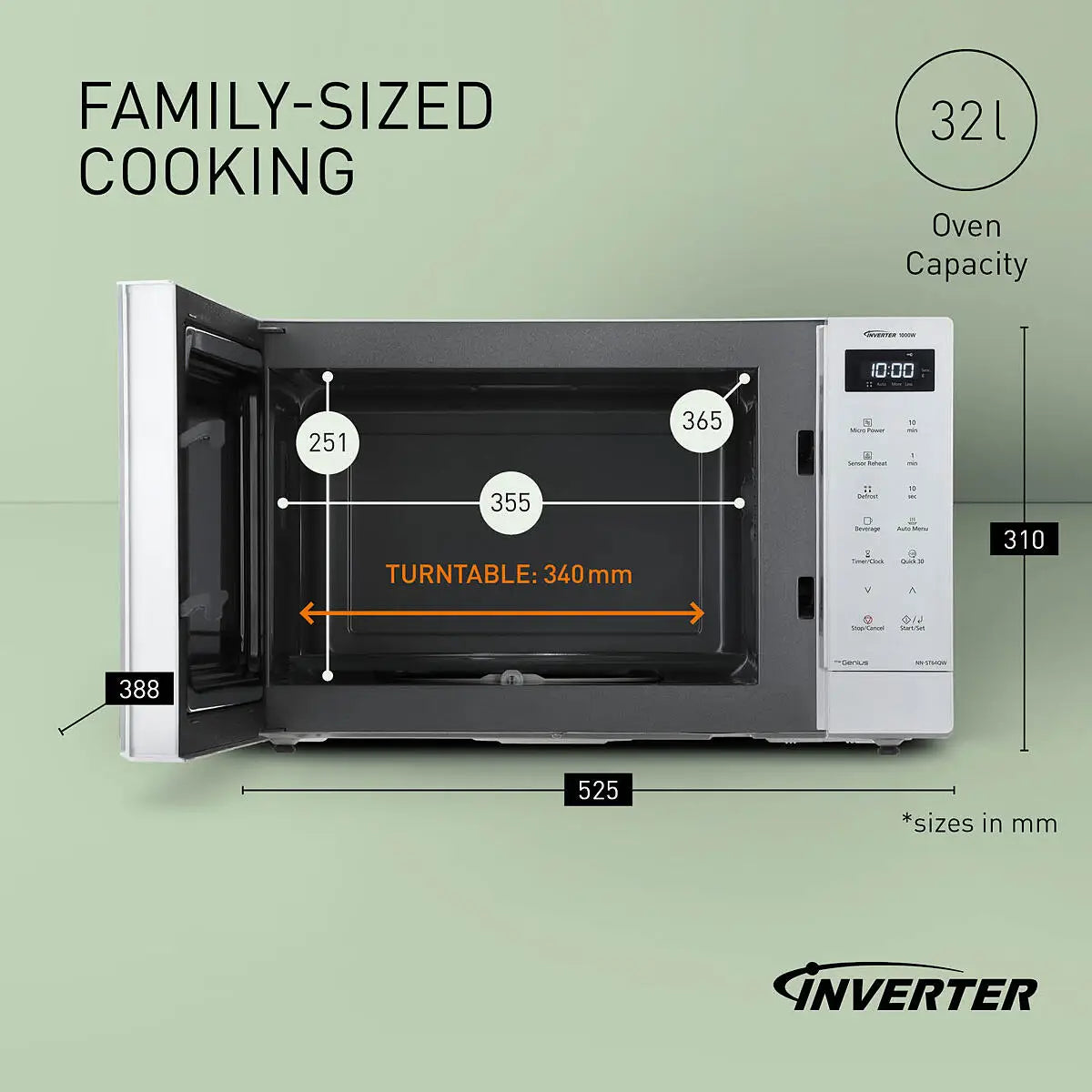 PANASONIC - 32L 1000W Solo Inverter Microwave White - NN-ST64QWBPQ - Kitchenary