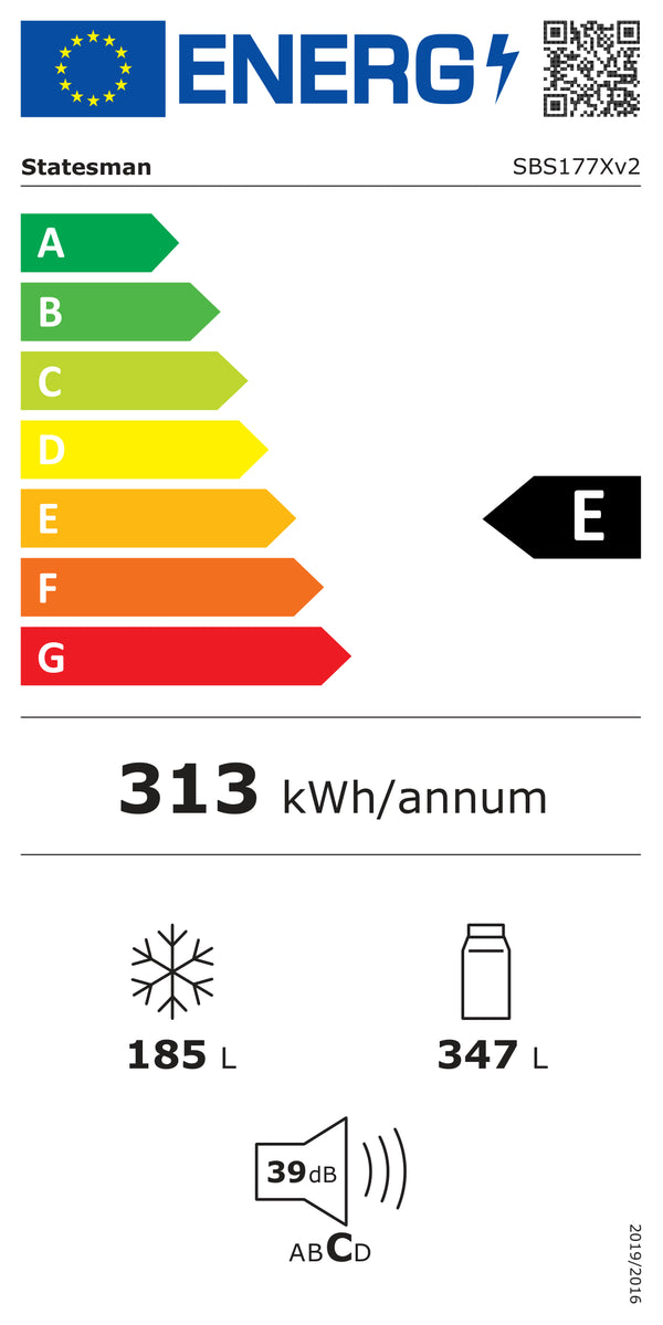 Energy label for STATESMAN SBS177X American Side-By-Side Total No Frost Fridge Freezer - Inox