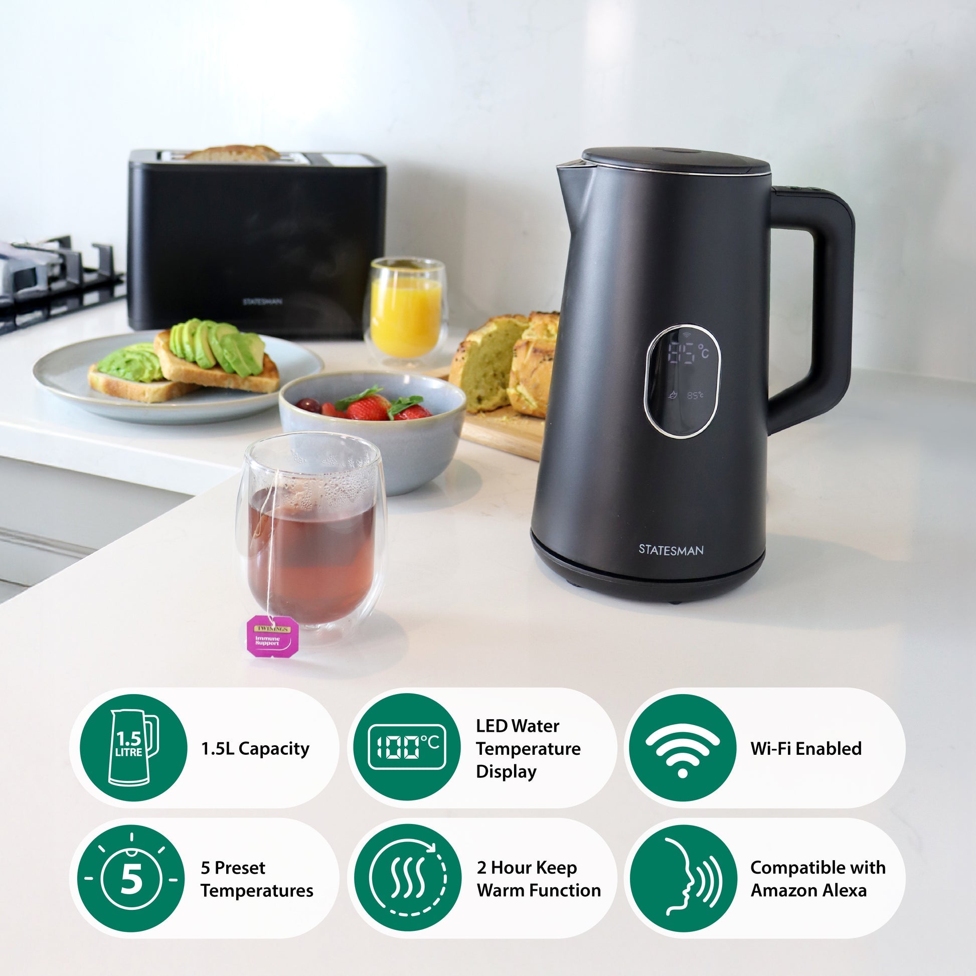 STATESMAN - 1.5L Smart Jug Kettle - Black - SKK01518B - Kitchenary