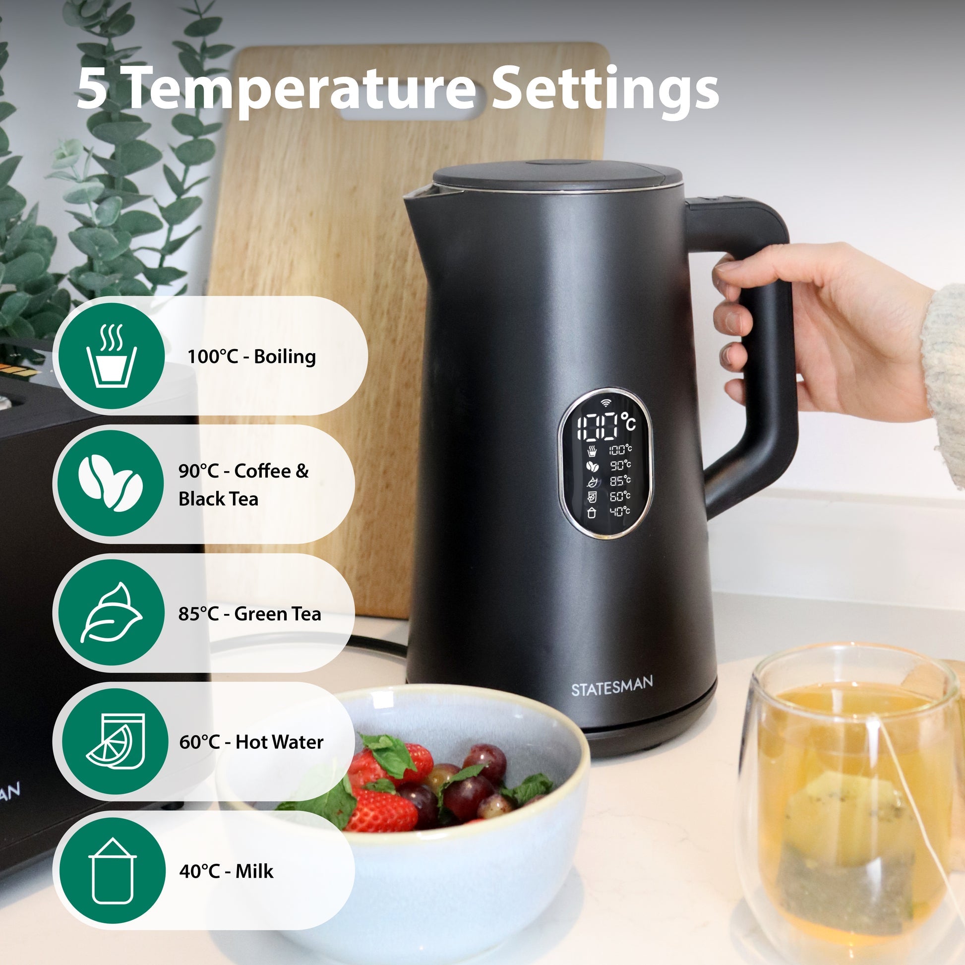 STATESMAN - 1.5L Smart Jug Kettle - Black - SKK01518B - Kitchenary