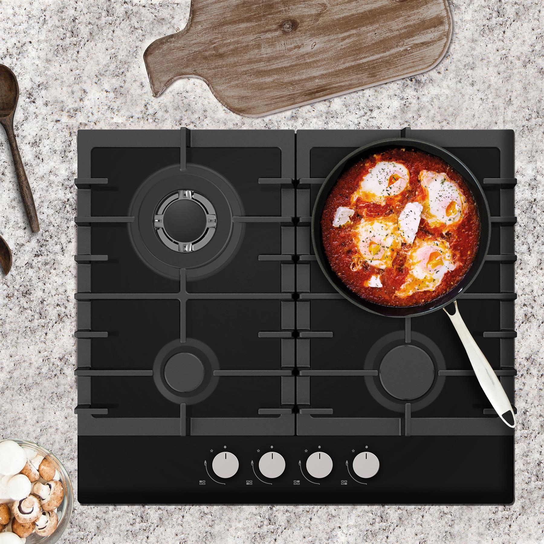 STATESMAN - 60cm 4 Zone Gas Glass Hob - Black - GH160GB - Kitchenary