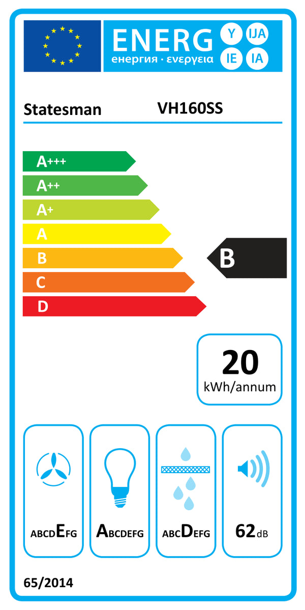 Energy label for STATESMAN VH160SS 60cm Visor Cooker Hood - Stainless Steel