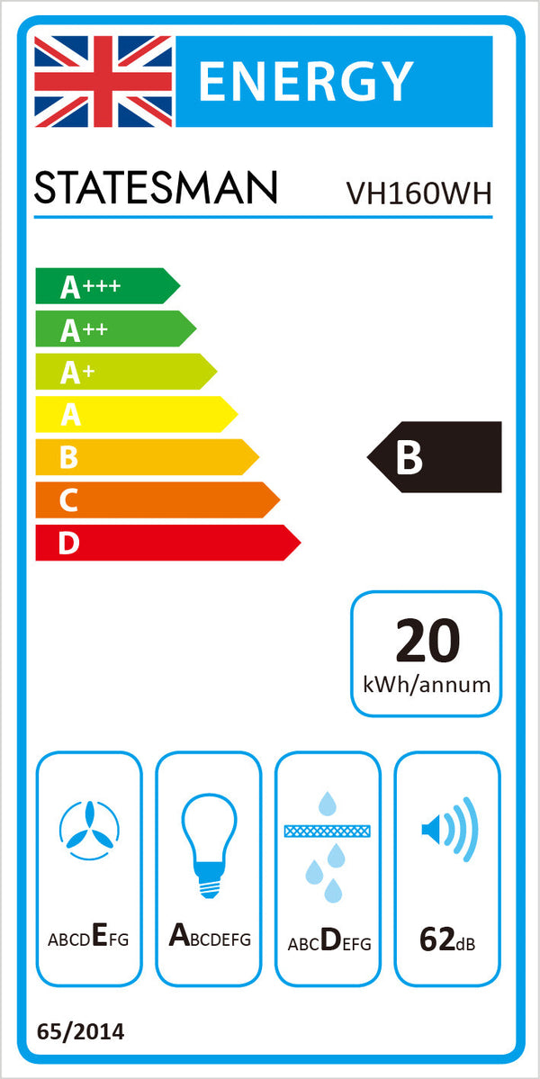 Energy label for STATESMAN VH160WH 60cm Visor Cooker Hood - White